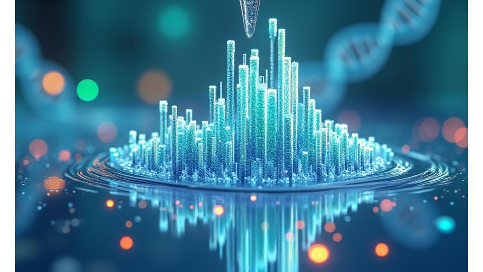 環境DNA解析プロセスを示す科学的なインフォグラフィック。海水のサンプルから抽出されたDNAがデジタル信号として可視化され、多様な生物種を示すグラフに分解される様子。