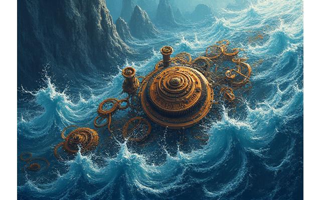 歯車と法律書、海の波が融合した進化とコンプライアンスのイメージ