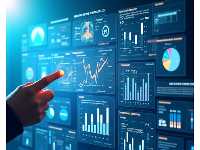 複数の折れ線グラフや円グラフが重なり合ったデジタルディスプレイと、その前で議論するビジネスパーソンの手元。魚の写真や市場トレンドのキーワードが視覚的に表示されている。