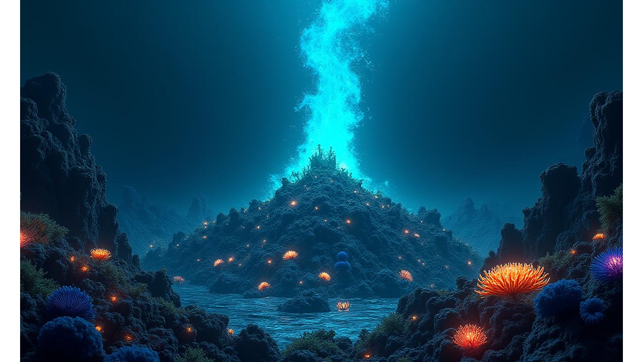 深海にそびえ立つ海底火山から熱水が噴出し、その周りで蛍光色に輝く多様な生物群が生息している神秘的な光景
